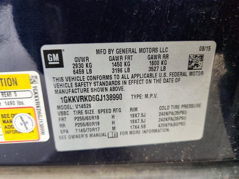 66516646 :رقم المزاد ، 1GKKVRKD6GJ138990 vin ، 2016 Gmc Acadia مزاد بيع