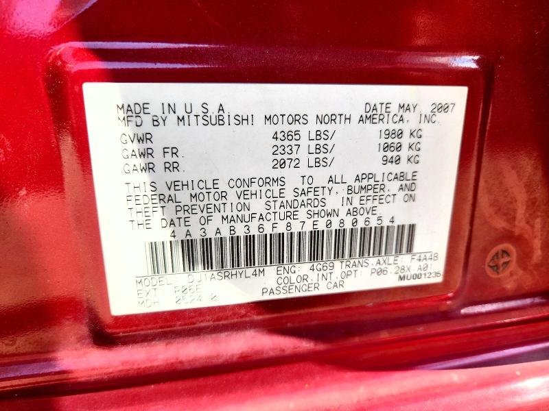 Aukcja sprzedaży 2007 Mitsubishi Galant, vin: 4A3AB36F87E080654, numer aukcji: 66895336