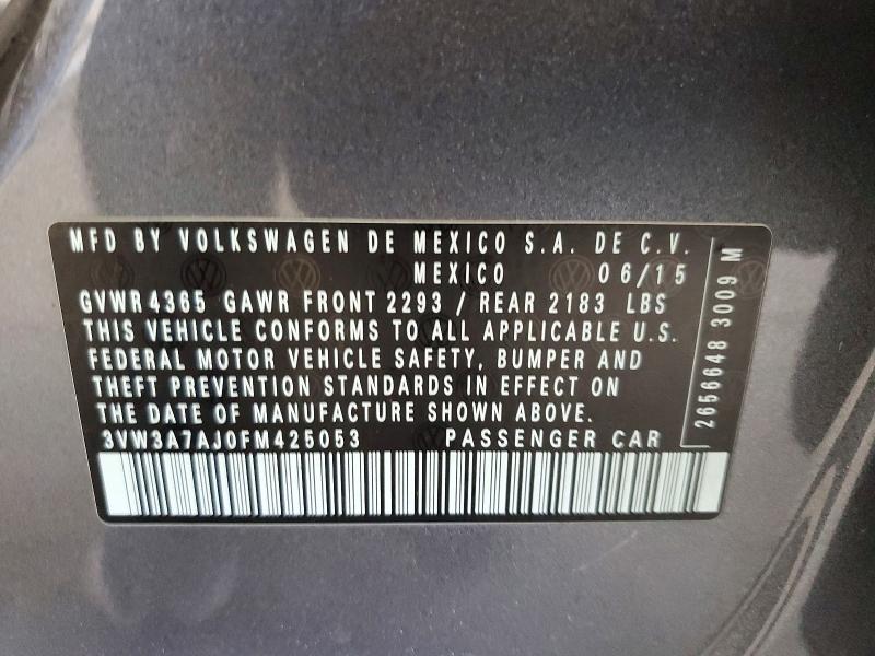 64295886 :رقم المزاد ، 3VW3A7AJ0FM425053 vin ، 2015 Volkswagen Jetta مزاد بيع