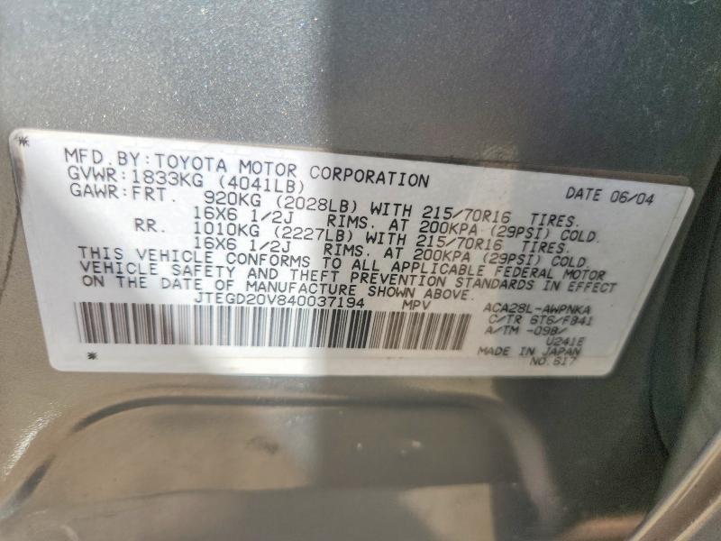 Aukcja sprzedaży 2004 Toyota Rav4, vin: JTEGD20V840037194, numer aukcji: 66338166