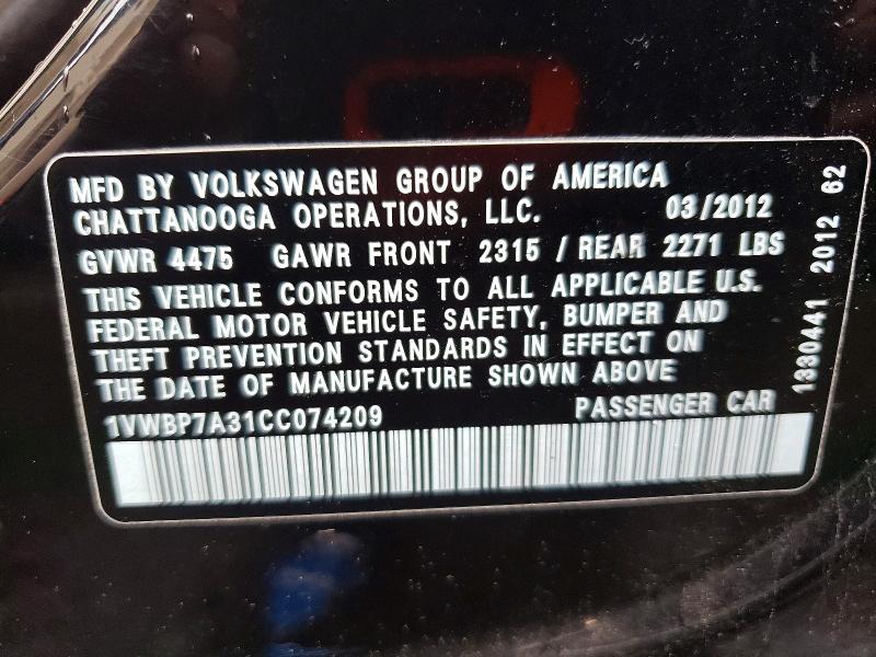 62882186 :رقم المزاد ، 1VWBP7A31CC074209 vin ، 2012 Volkswagen Passat مزاد بيع