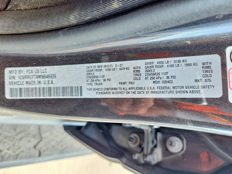 2021 Ram 1500 მანქანა იყიდება აუქციონზე, vin: 1C6RREFT9MN646939, აუქციონის ნომერი: 64479336