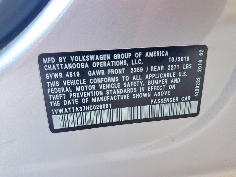 2017 Volkswagen Passat მანქანა იყიდება აუქციონზე, vin: 1VWAT7A37HC026051, აუქციონის ნომერი: 63352536