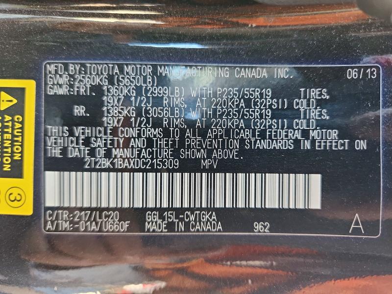 66595016 :رقم المزاد ، 2T2BK1BAXDC215309 vin ، 2013 Lexus Rx 350 مزاد بيع