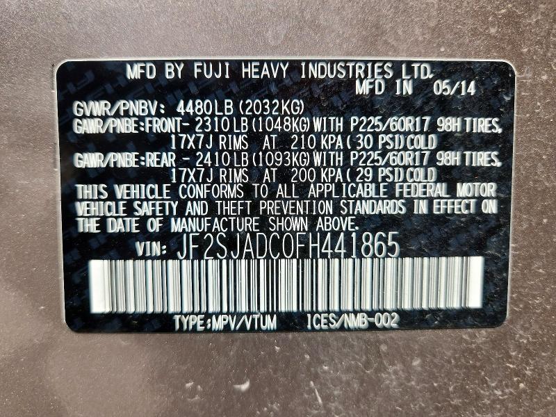 2015 Subaru Forester მანქანა იყიდება აუქციონზე, vin: JF2SJADC0FH441865, აუქციონის ნომერი: 65551116