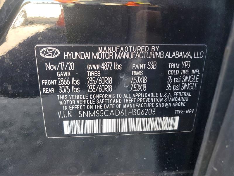2020 Hyundai Santa Fe მანქანა იყიდება აუქციონზე, vin: 5NMS5CAD6LH306203, აუქციონის ნომერი: 66123086