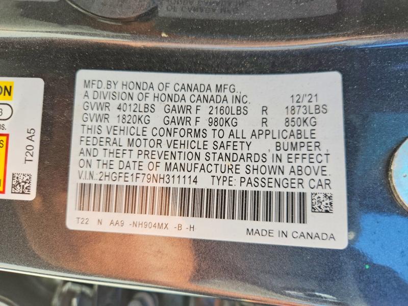 67015396 :رقم المزاد ، 2HGFE1F79NH311114 vin ، 2022 Honda Civic مزاد بيع