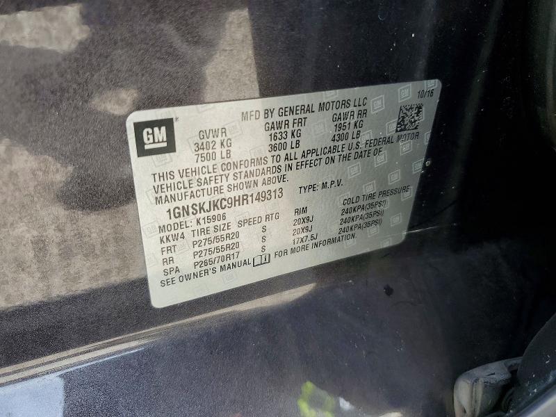 2017 Chevrolet Suburban მანქანა იყიდება აუქციონზე, vin: 1GNSKJKC9HR149313, აუქციონის ნომერი: 64449986