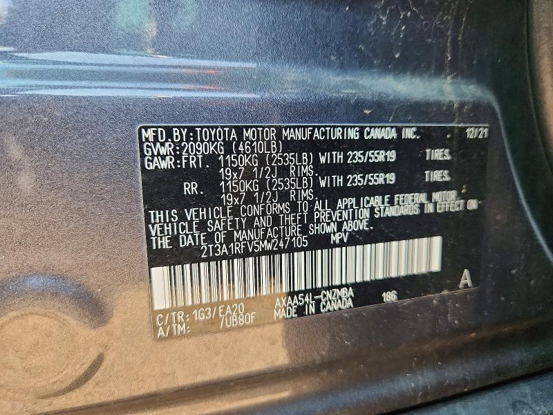 2021 Toyota Rav4 მანქანა იყიდება აუქციონზე, vin: 2T3A1RFV5MW247105, აუქციონის ნომერი: 66291466