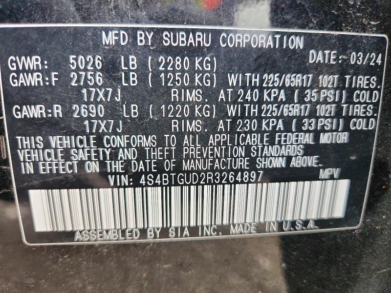 67117936 :رقم المزاد ، 4S4BTGUD2R3264897 vin ، 2024 Subaru Outback مزاد بيع