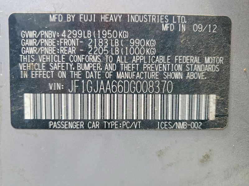 2013 Subaru Impreza მანქანა იყიდება აუქციონზე, vin: JF1GJAA66DG008370, აუქციონის ნომერი: 65406916