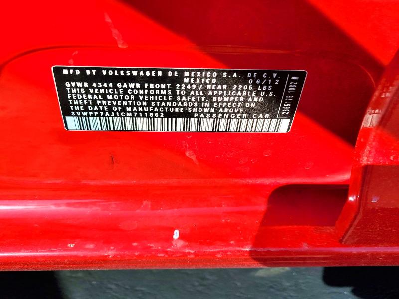 2012 Volkswagen Jetta მანქანა იყიდება აუქციონზე, vin: 3VWPP7AJ1CM711862, აუქციონის ნომერი: 64695736