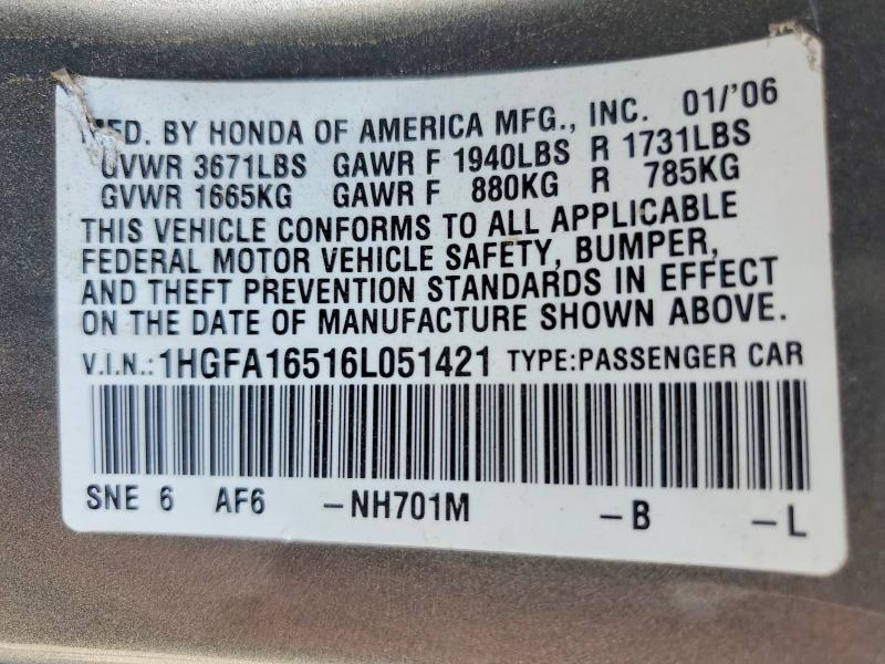 2006 Honda Civic მანქანა იყიდება აუქციონზე, vin: 1HGFA16516L051421, აუქციონის ნომერი: 66058546