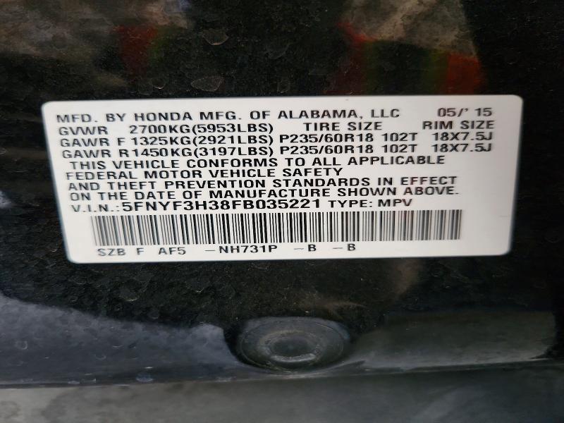 Продаж на аукціоні авто 2015 Honda Pilot, vin: 5FNYF3H38FB035221, номер лоту: 64648446