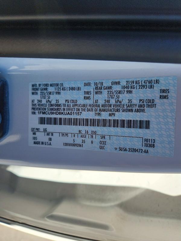 Продажа на аукционе авто 2019 Ford Escape, vin: 1FMCU9HD8KUA01157, номер лота: 63766926