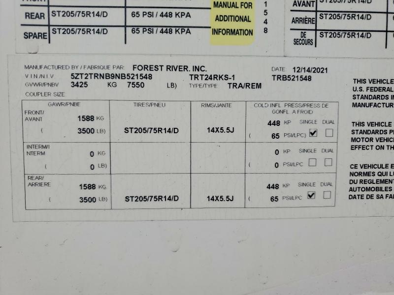 63286236 :رقم المزاد ، 5ZT2TRNB9NB521548 vin ، 2022 Foresriver Tracer مزاد بيع