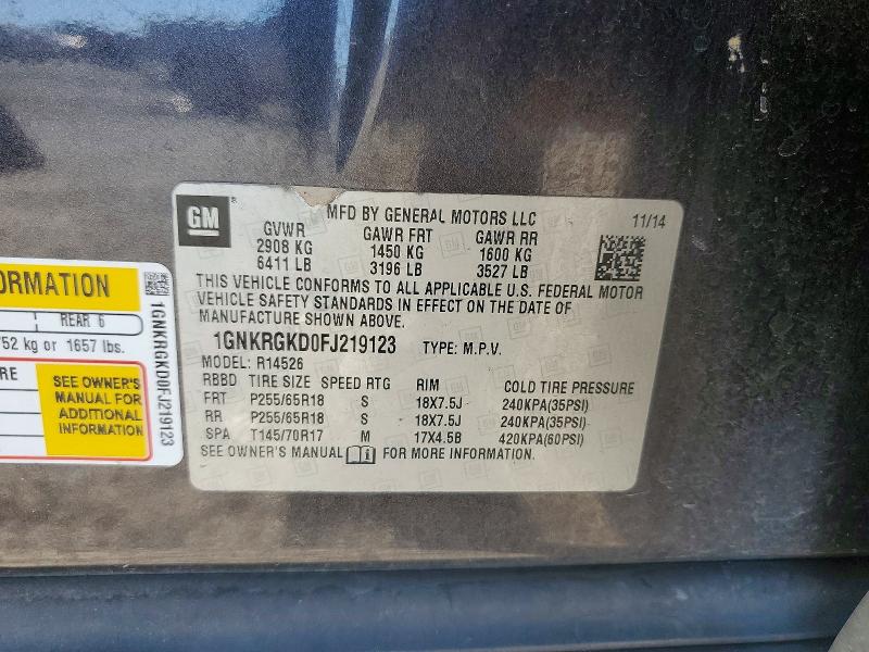 65893306 :رقم المزاد ، 1GNKRGKD0FJ219123 vin ، 2015 Chevrolet Traverse مزاد بيع
