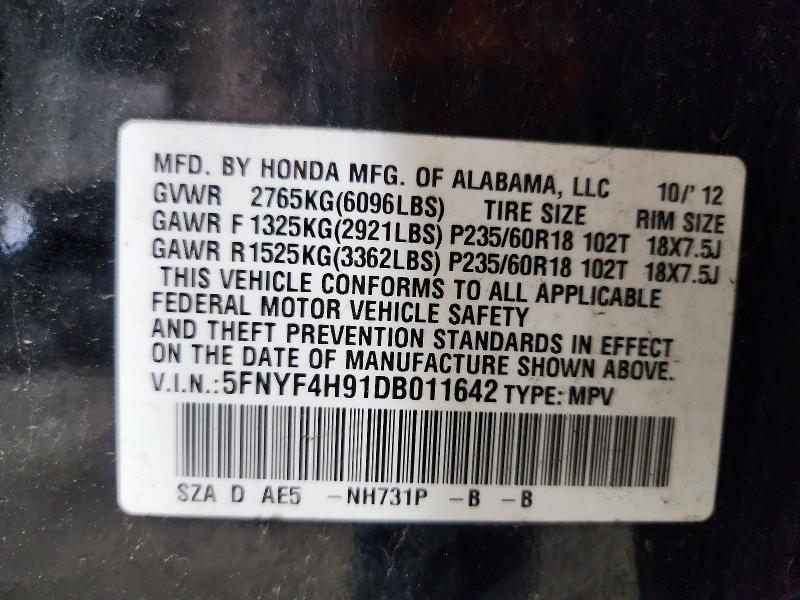 Aukcja sprzedaży 2013 Honda Pilot, vin: 5FNYF4H91DB011642, numer aukcji: 65268336