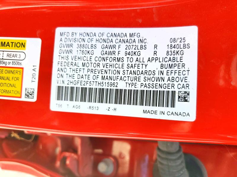 2026 Honda Civic მანქანა იყიდება აუქციონზე, vin: 2HGFE2F57TH515962, აუქციონის ნომერი: 65436476