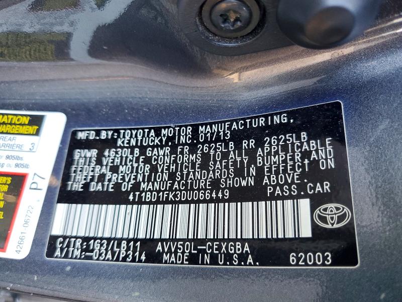 Auction sale of the 2013 Toyota Camry Hybrid, vin: 4T1BD1FK3DU066449, lot number: 63449706