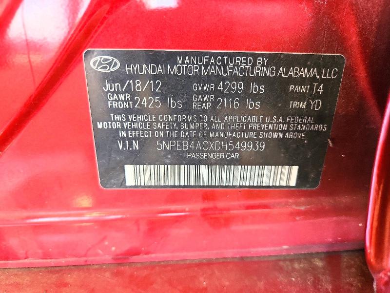 2013 Hyundai Sonata მანქანა იყიდება აუქციონზე, vin: 5NPEB4ACXDH549939, აუქციონის ნომერი: 65017026