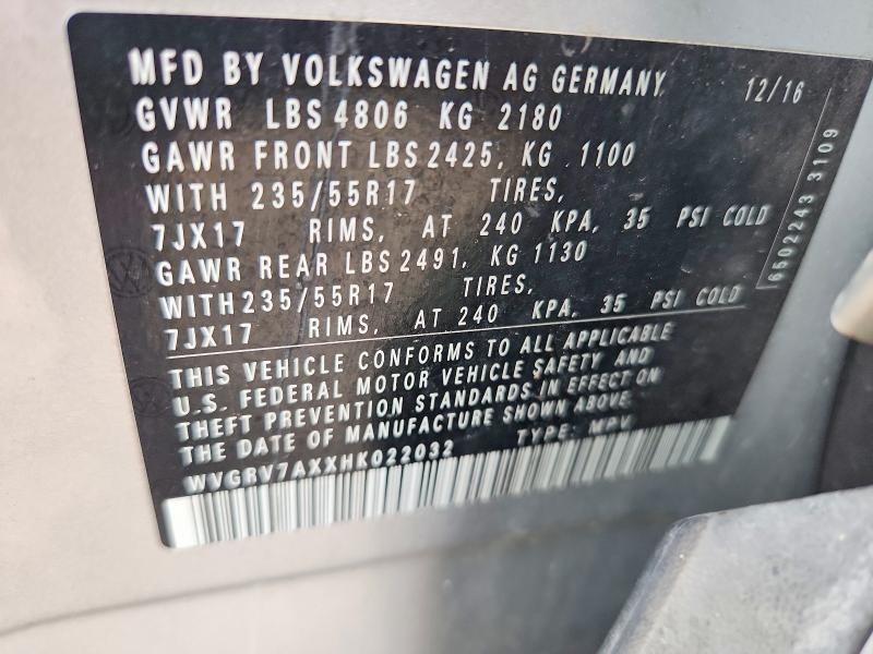 Продажа на аукционе авто 2017 Volkswagen Tiguan, vin: WVGRV7AXXHK022032, номер лота: 65644766
