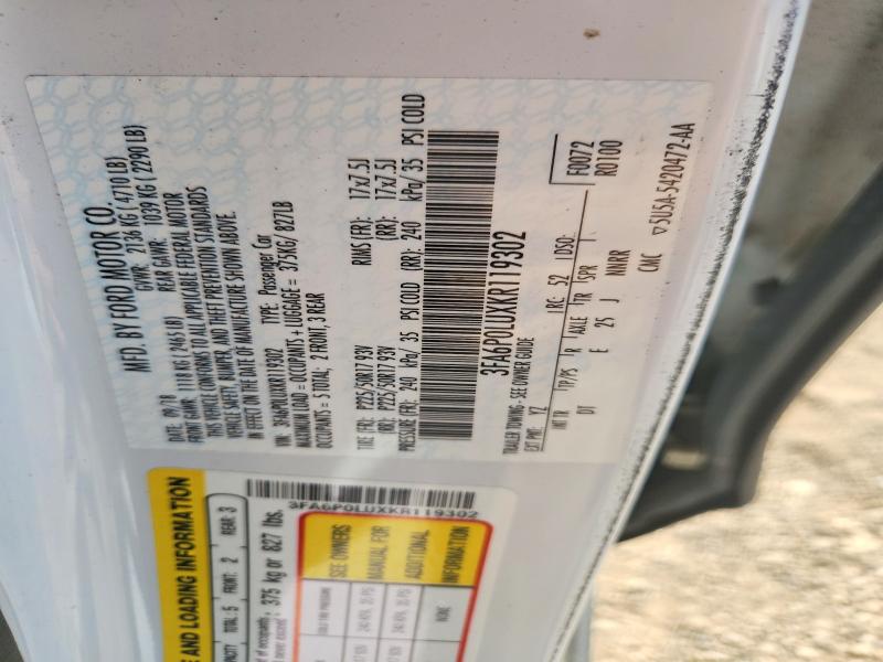 Продаж на аукціоні авто 2019 Ford Fusion, vin: 3FA6P0LUXKR119302, номер лоту: 66726346