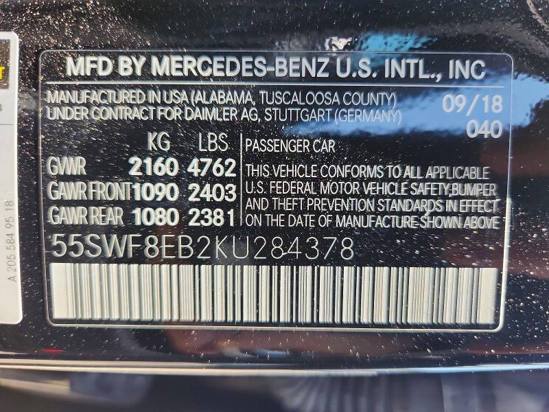 Продажа на аукционе авто 2019 Mercedes-benz C, vin: 55SWF8EB2KU284378, номер лота: 62803586