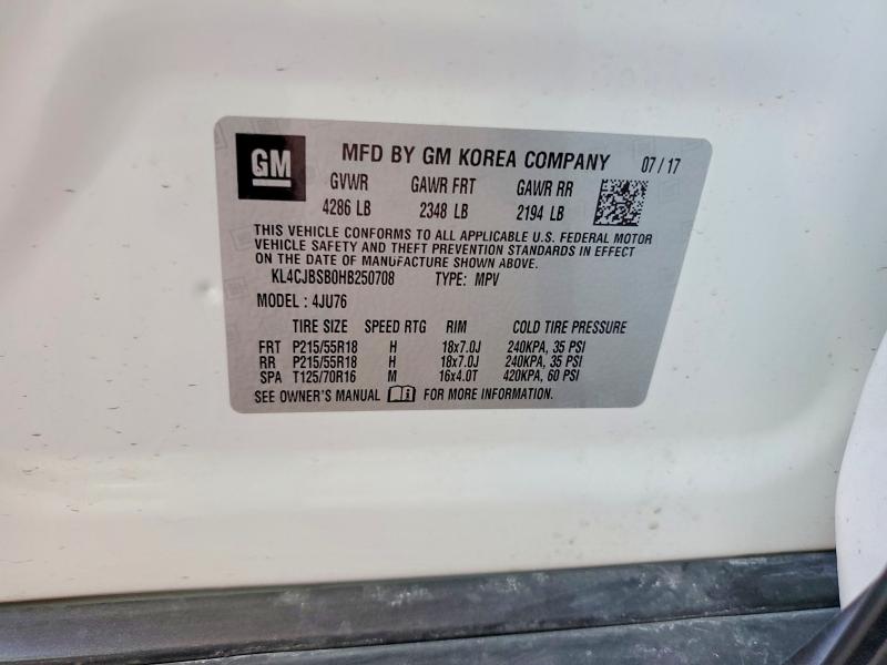 2017 Buick Encore მანქანა იყიდება აუქციონზე, vin: KL4CJBSB0HB250708, აუქციონის ნომერი: 66316206