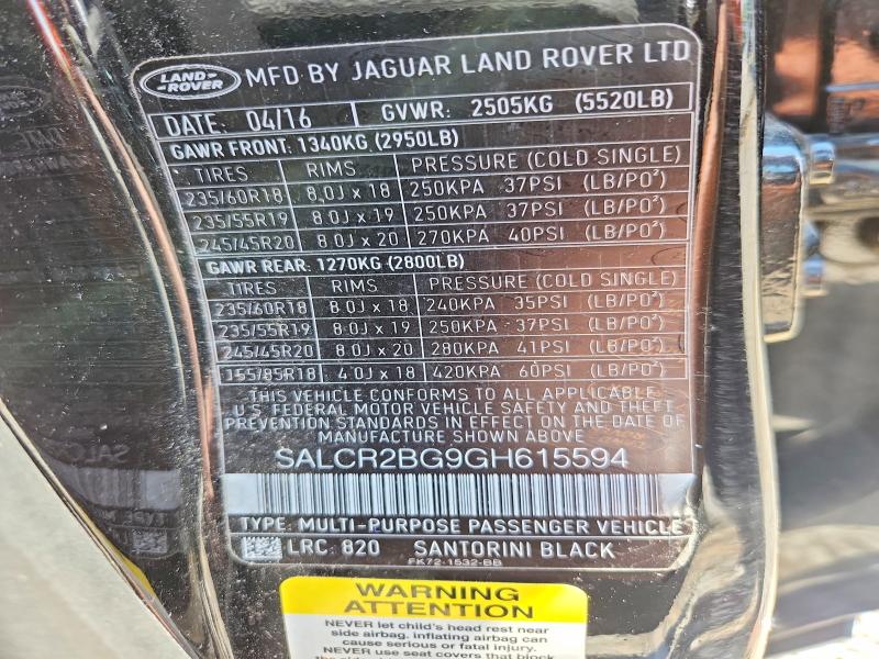 Aukcja sprzedaży 2016 Land Rover Discovery Sport, vin: SALCR2BG9GH615594, numer aukcji: 67260016