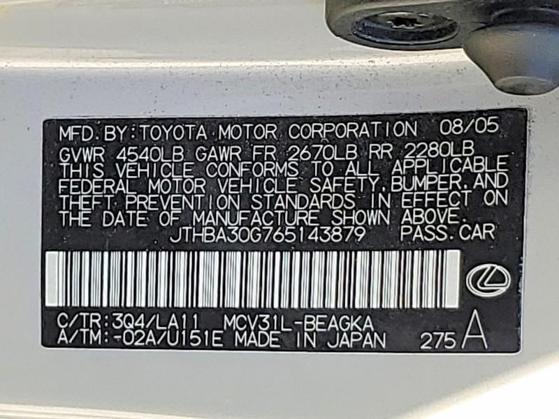 Продажа на аукционе авто 2006 Lexus Es, vin: JTHBA30G765143879, номер лота: 65360826