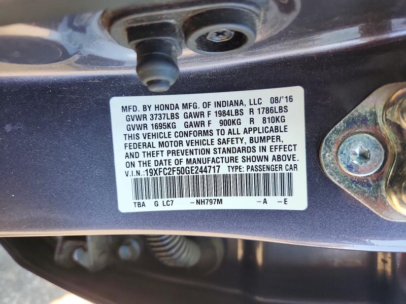 Продаж на аукціоні авто 2016 Honda Civic, vin: 19XFC2F50GE244717, номер лоту: 61647766