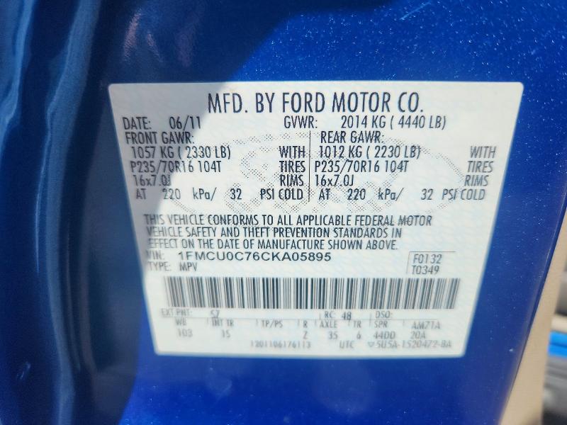 2012 Ford Escape მანქანა იყიდება აუქციონზე, vin: 1FMCU0C76CKA05895, აუქციონის ნომერი: 65368296