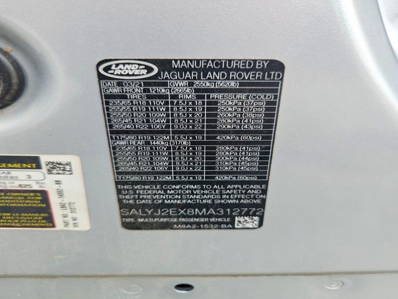 Aukcja sprzedaży 2021 Land Rover Range Rover Velar, vin: SALYJ2EX8MA312772, numer aukcji: 64075496