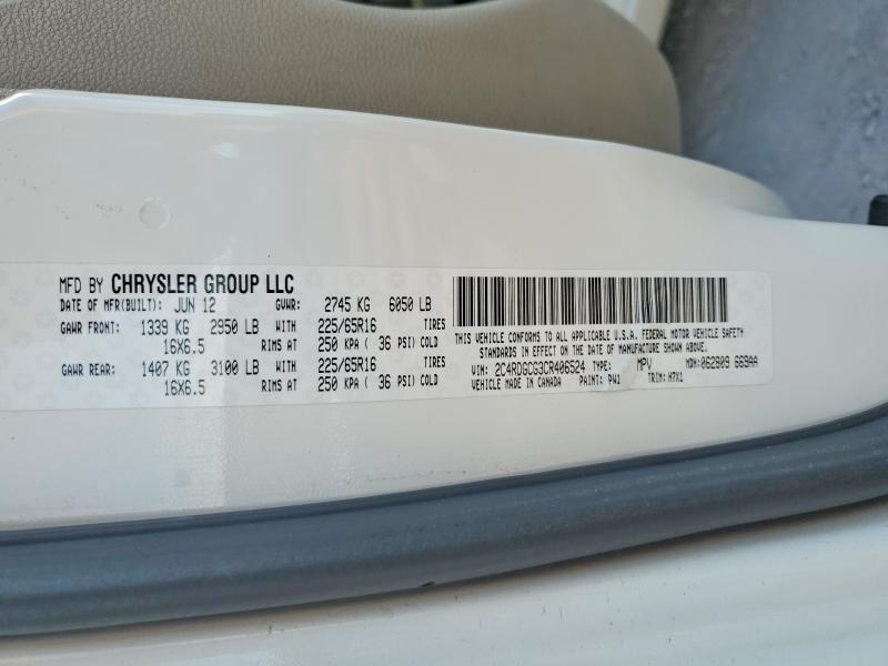 66754686 :رقم المزاد ، 2C4RDGCG3CR406524 vin ، 2012 Dodge Grand Caravan مزاد بيع