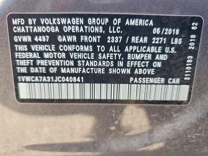 Aukcja sprzedaży 2018 Volkswagen Passat, vin: 1VWCA7A31JC040841, numer aukcji: 64458336