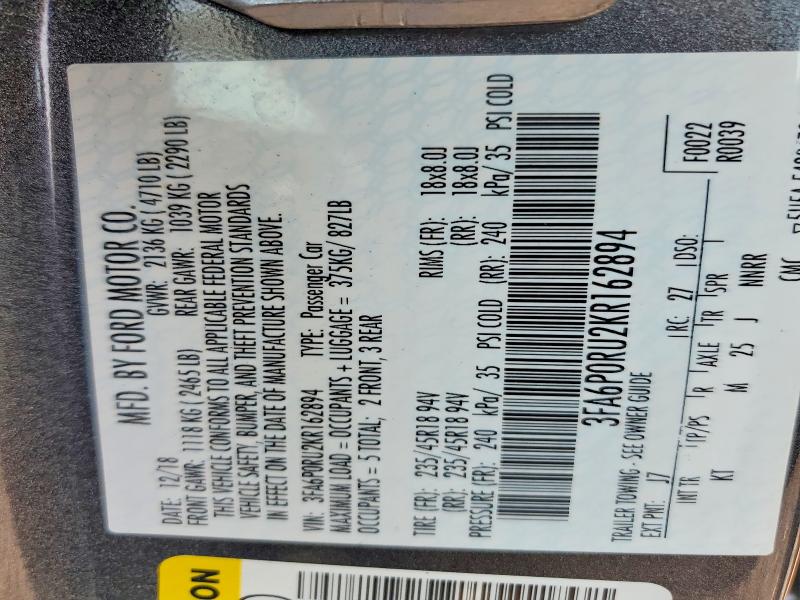 2019 Ford Fusion მანქანა იყიდება აუქციონზე, vin: 3FA6P0RU2KR162894, აუქციონის ნომერი: 64330326