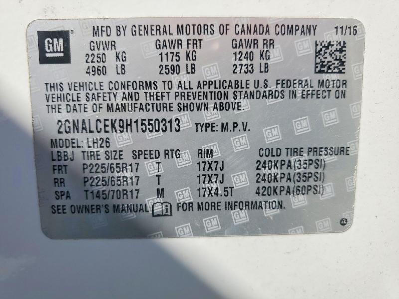 Auction sale of the 2017 Chevrolet Equinox, vin: 2GNALCEK9H1550313, lot number: 63707906