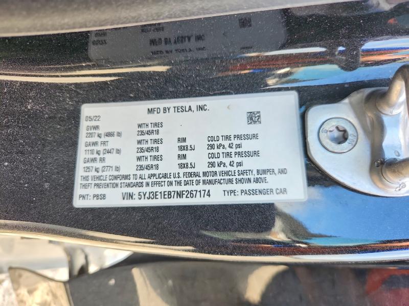 65644096 :رقم المزاد ، 5YJ3E1EB7NF267174 vin ، 2022 Tesla Model 3 مزاد بيع