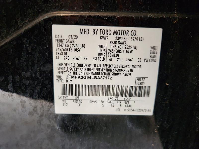 66113436 :رقم المزاد ، 2FMPK3G94LBA87172 vin ، 2020 Ford Edge مزاد بيع