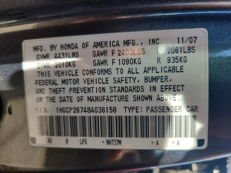 2008 Honda Accord მანქანა იყიდება აუქციონზე, vin: 1HGCP26748A036158, აუქციონის ნომერი: 63033486