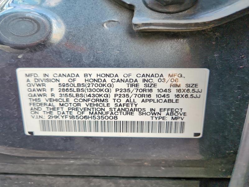 2006 Honda Pilot მანქანა იყიდება აუქციონზე, vin: 2HKYF18506H535008, აუქციონის ნომერი: 65663156