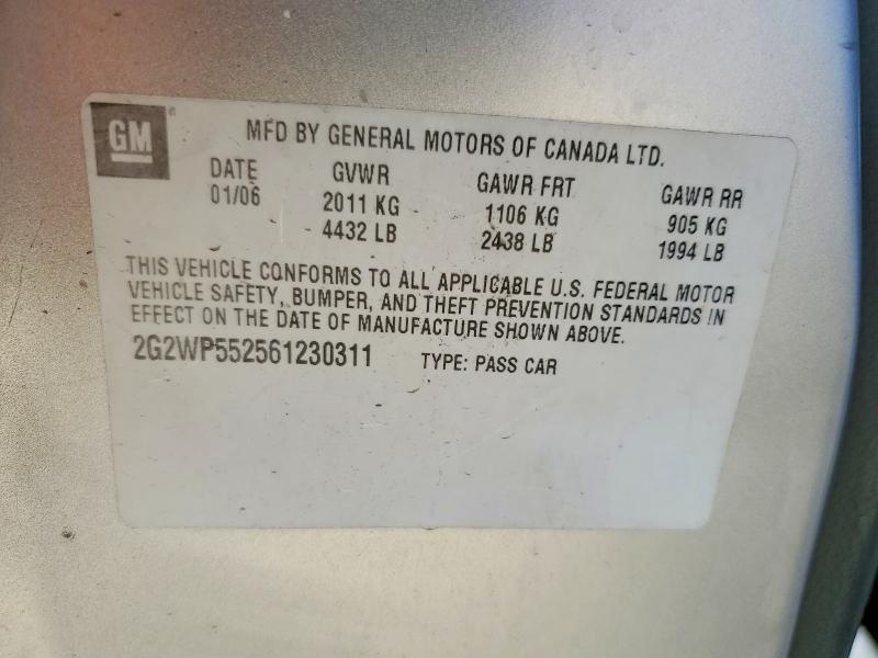 2006 Pontiac Grand Prix მანქანა იყიდება აუქციონზე, vin: 2G2WP552561230311, აუქციონის ნომერი: 64326886