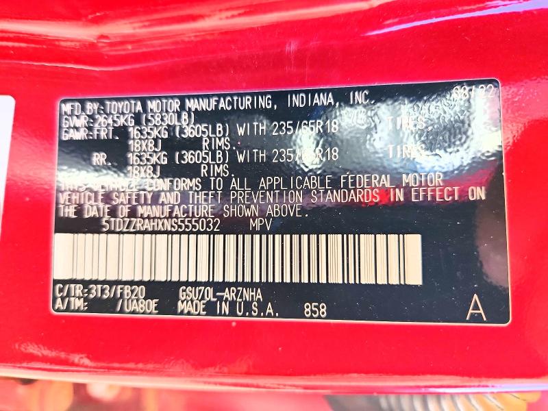 Aukcja sprzedaży 2022 Toyota Highlander, vin: 5TDZZRAHXNS555032, numer aukcji: 67128816