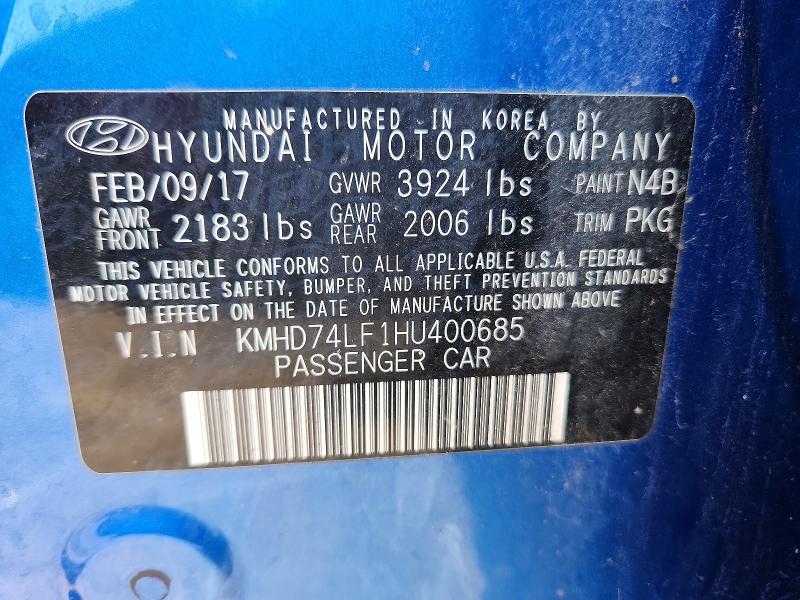 Продажа на аукционе авто 2017 Hyundai Elantra, vin: KMHD74LF1HU400685, номер лота: 63796696