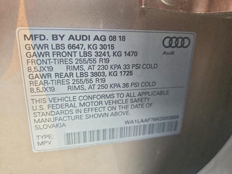 2019 Audi Q7 მანქანა იყიდება აუქციონზე, vin: WA1LAAF76KD003639, აუქციონის ნომერი: 66361666