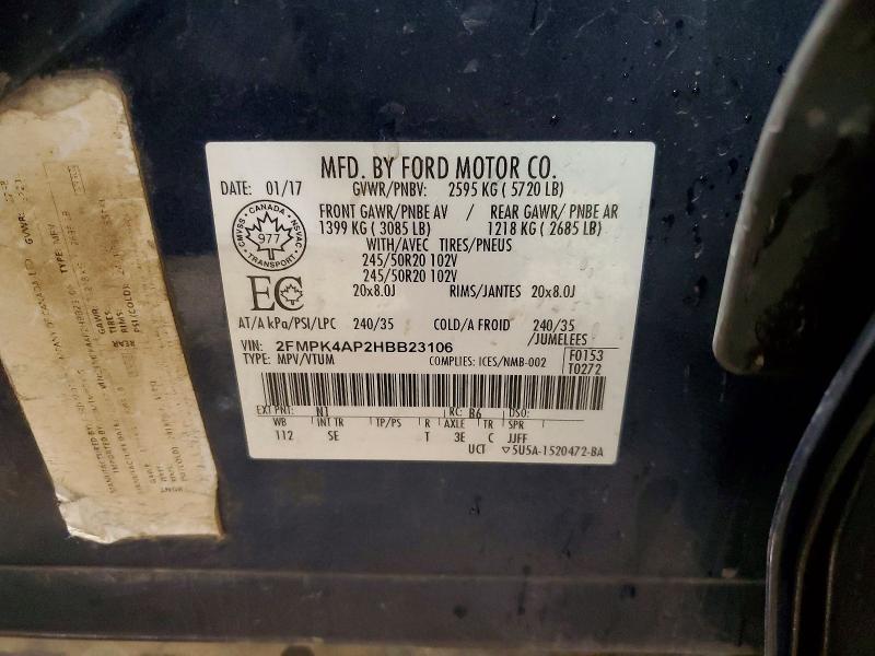 2017 Ford Edge მანქანა იყიდება აუქციონზე, vin: 2FMPK4AP2HBB23106, აუქციონის ნომერი: 65108096