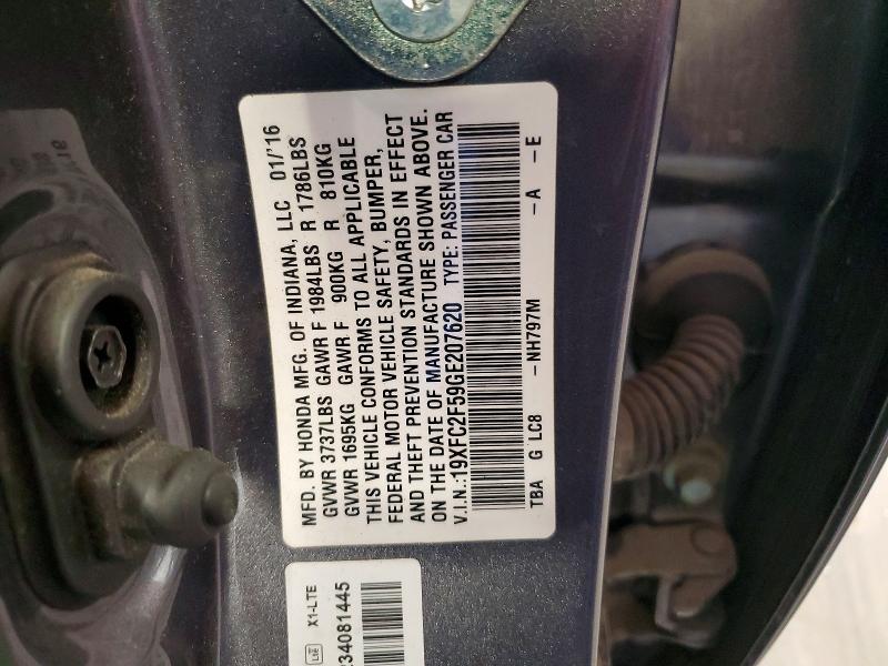 2016 Honda Civic მანქანა იყიდება აუქციონზე, vin: 19XFC2F59GE207620, აუქციონის ნომერი: 63755626