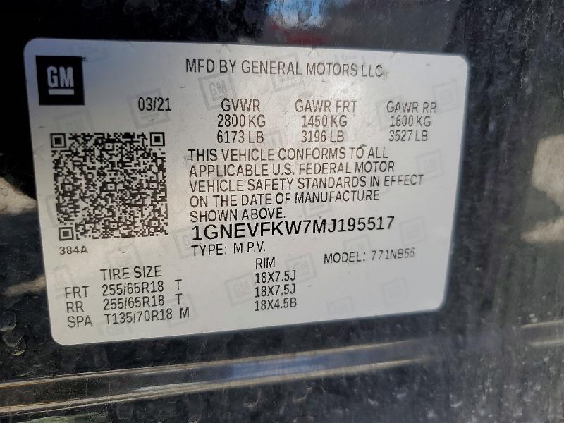 Aukcja sprzedaży 2021 Chevrolet Traverse, vin: 1GNEVFKW7MJ195517, numer aukcji: 66577116