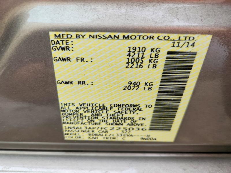 2015 Nissan Altima მანქანა იყიდება აუქციონზე, vin: 1N4AL3AP7FC225036, აუქციონის ნომერი: 64753686